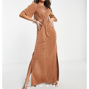 Topshop Womens 6 Slinky Jersey Cut out Twist Maxi Dress Mocha Metallic Bronze